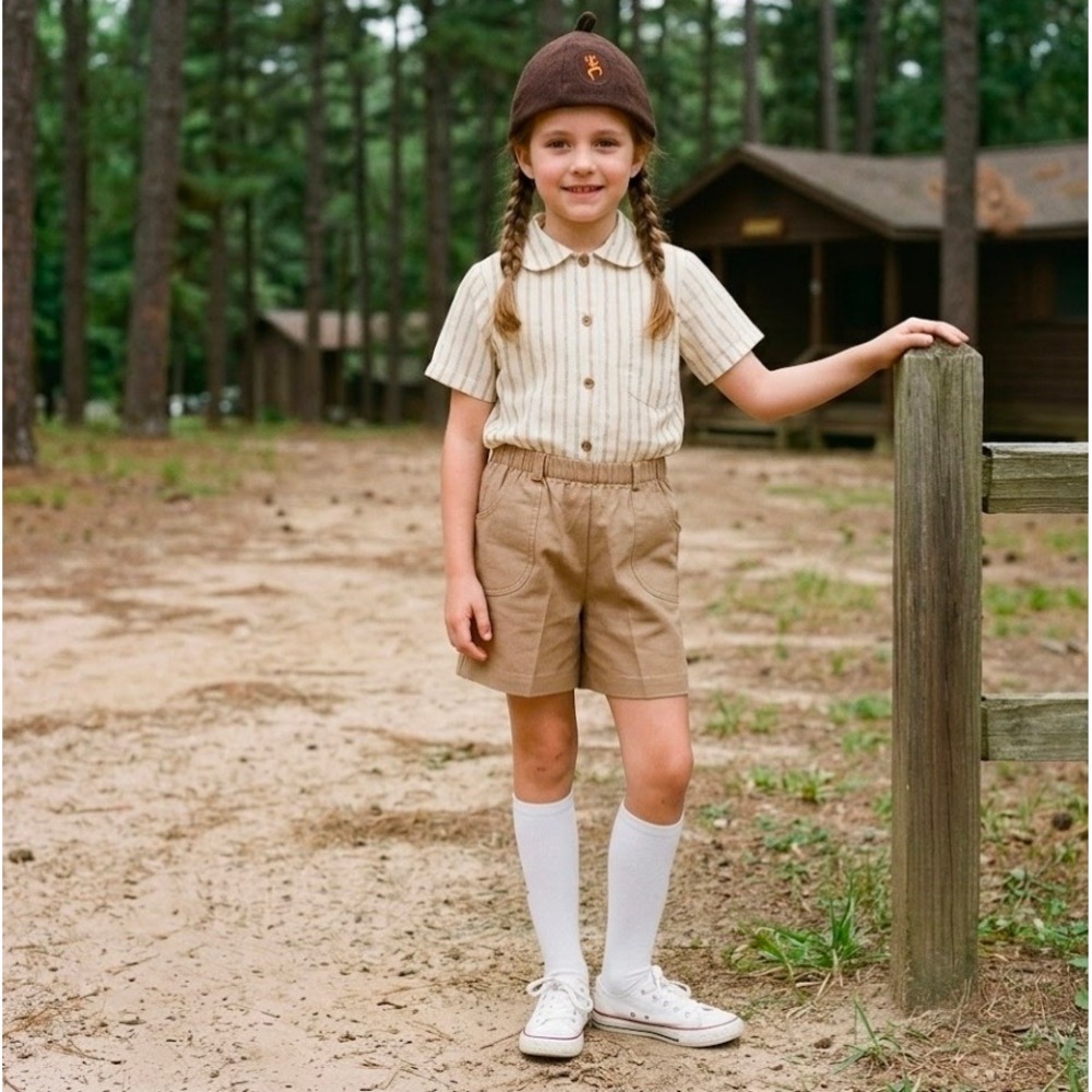 Vintage Girl Scouts Uniform Set Shirt, Shorts & Hat Tan Stripe Size 8 Brownies